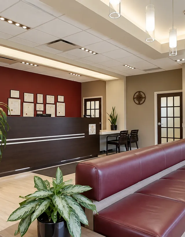 Reception desk and waiting area at the Dental Specialty Group Waterloo office in Waterloo